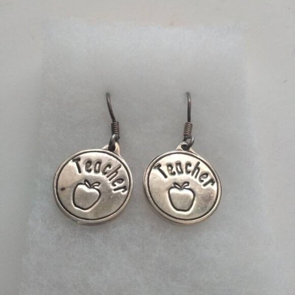 Silver Teacher Apple Drop Earrings Vintage Antique jewelry woman wife lady girls - Picture 5 of 10